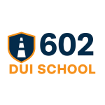 602 DUI School logo featuring a bold dark blue shield with an orange outline and a road symbol, alongside modern blue and orange text